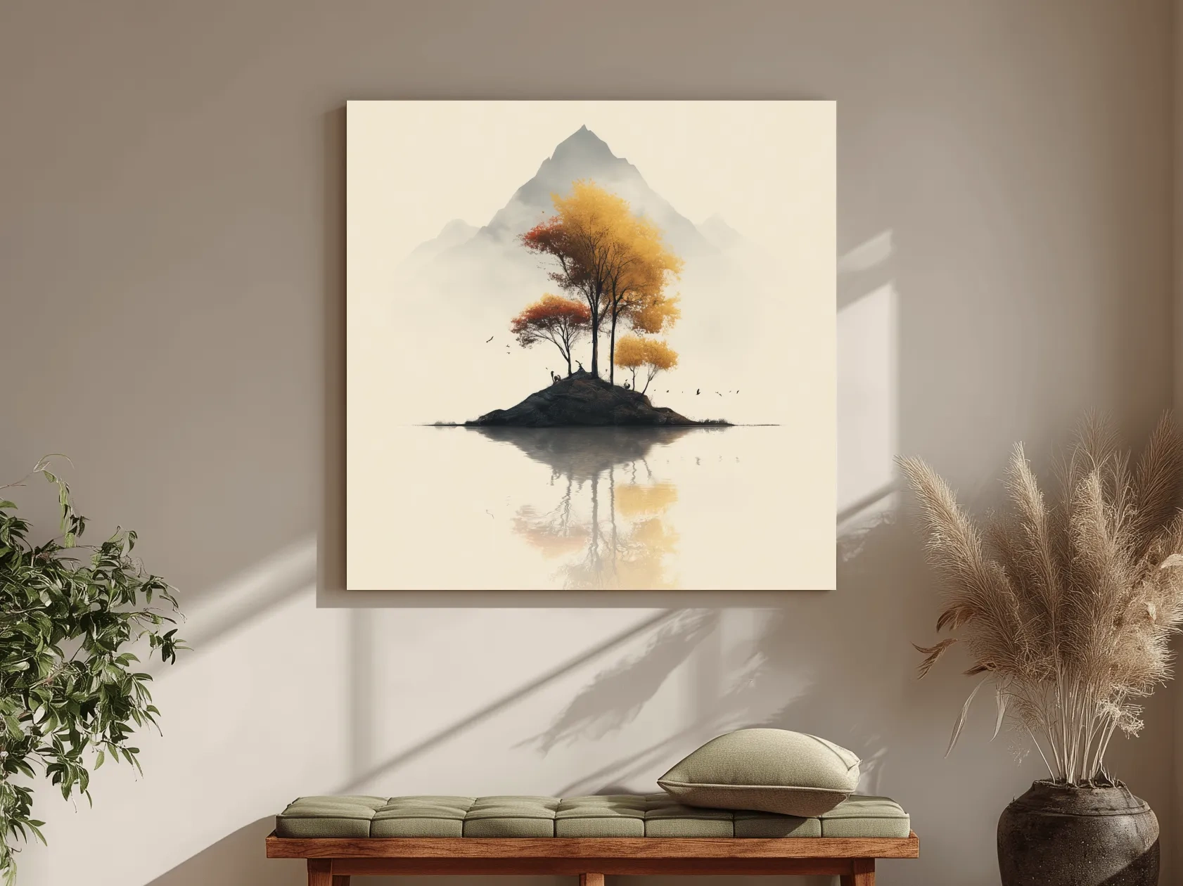 Minimalist Autumn Trees On Misty Lake Island - Serene Mountain Landscape Wall Art