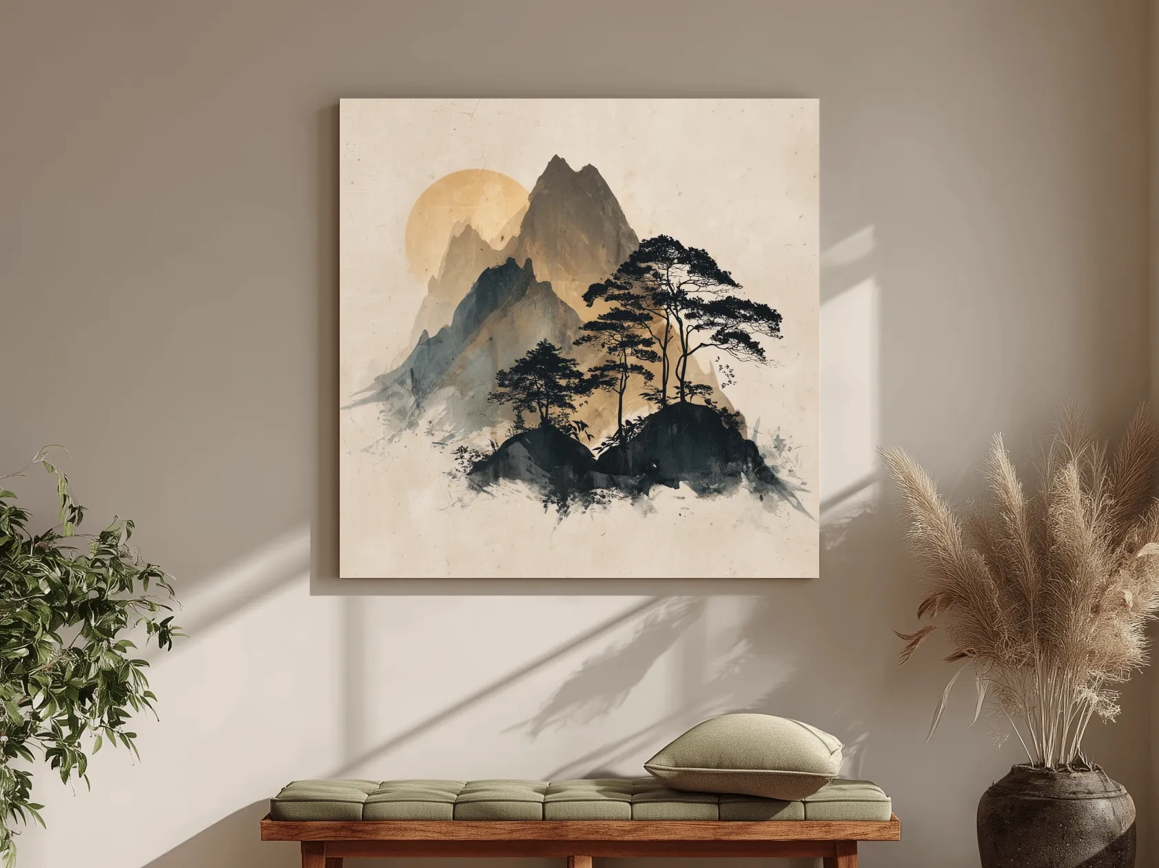 Zen Ink Wash Mountain Sunrise - Minimalist Japanese Pine Landscape Wall Art