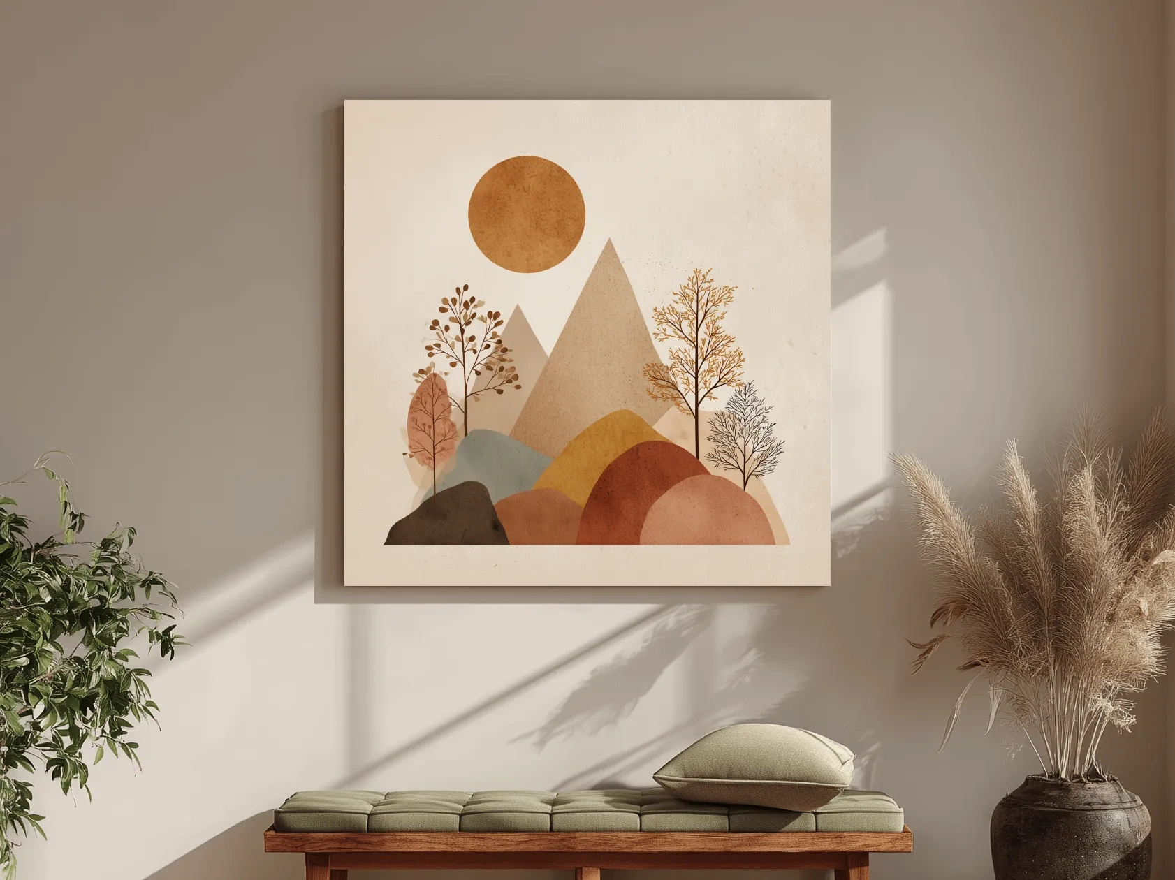 Minimalist Scandi Mountain Sunset Landscape - Boho Neutral Earth Tone Wall Art