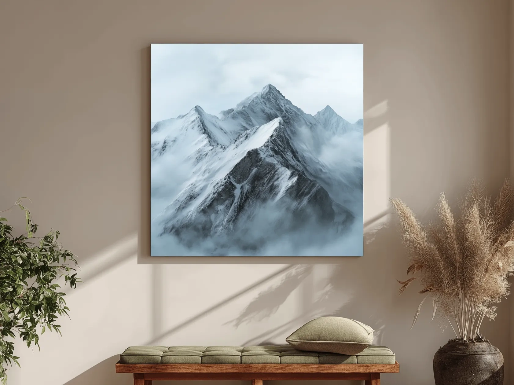 Misty Snowcapped Alpine Peak Landscape - Monochrome Photographic Mountain Wall Art
