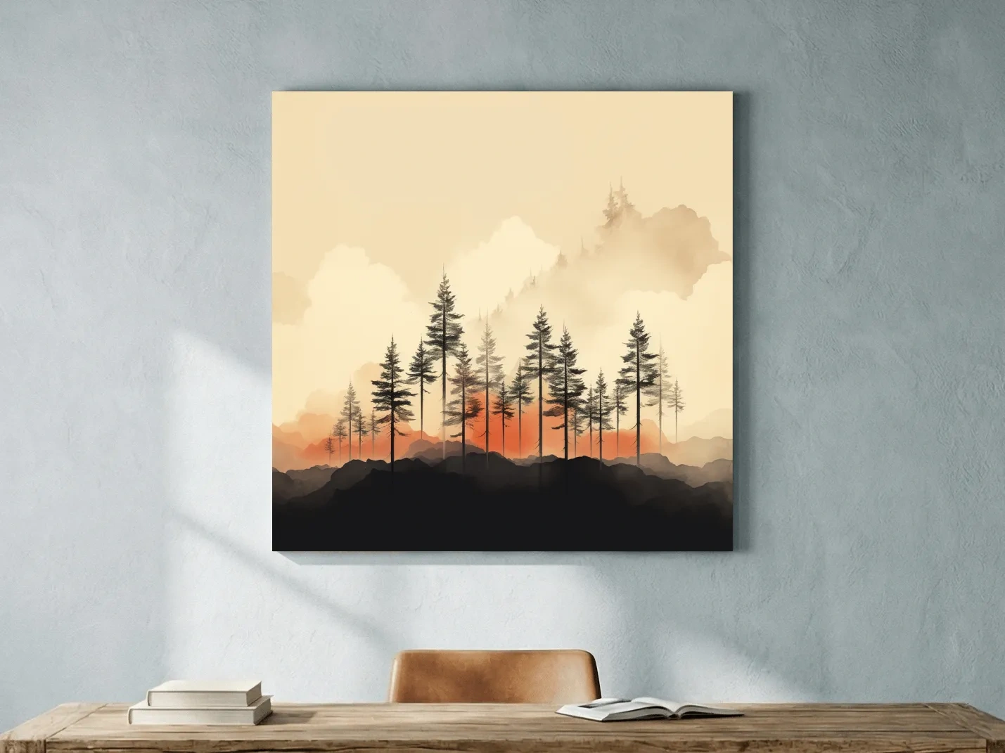 Misty Pine Forest Silhouettes At Sunrise - Minimalist Watercolor Mountain Wall Art