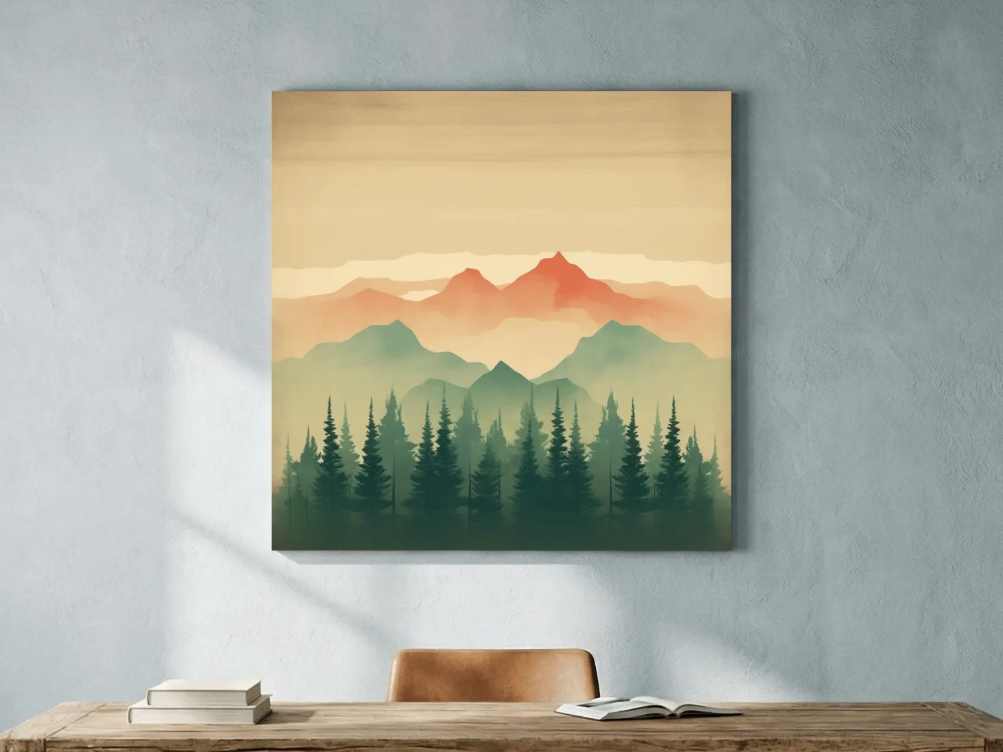 Misty Watercolor Mountain Range Sunrise - Pine Forest Landscape Artwork