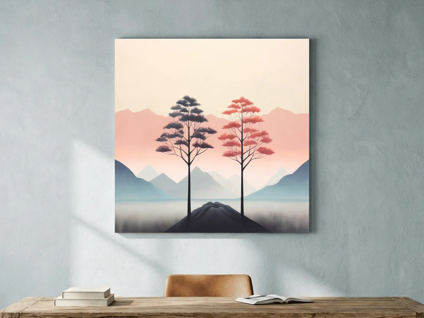 Minimalist Twin Pine Trees Landscape - Serene Pastel Mountain Lake Wall Art