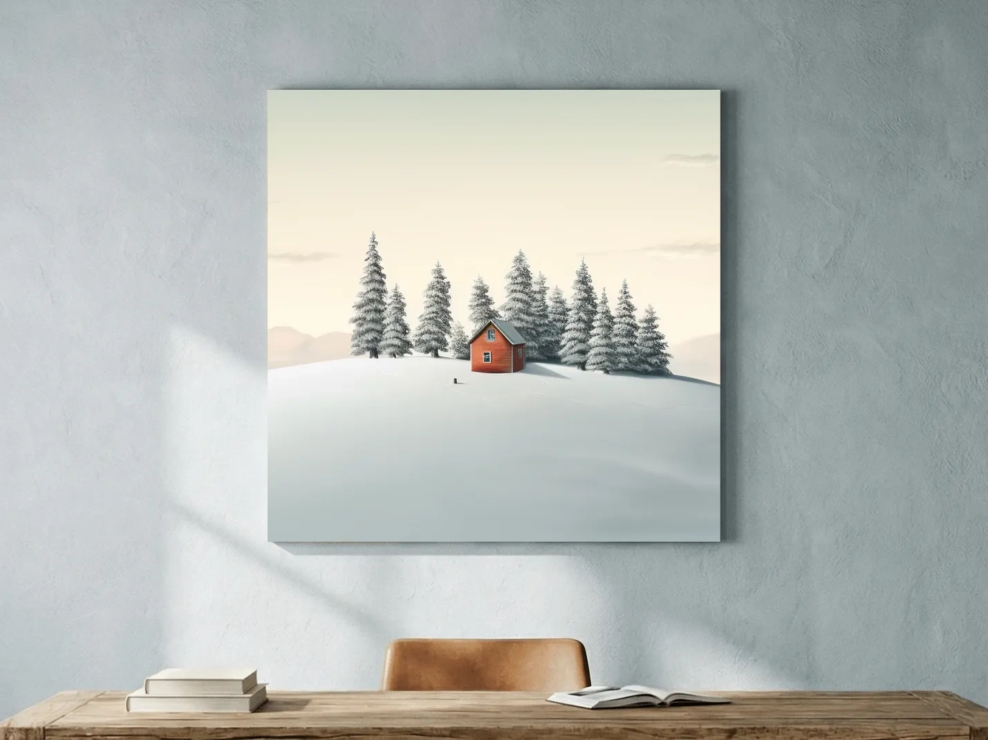 Minimalist Snowy Cabin In Pine Forest - Serene Winter Landscape Wall Art