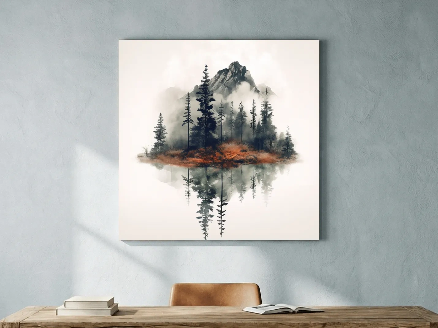 Minimalist Mountain Lake Reflection Watercolor - Moody Pine Forest Landscape Wall Art