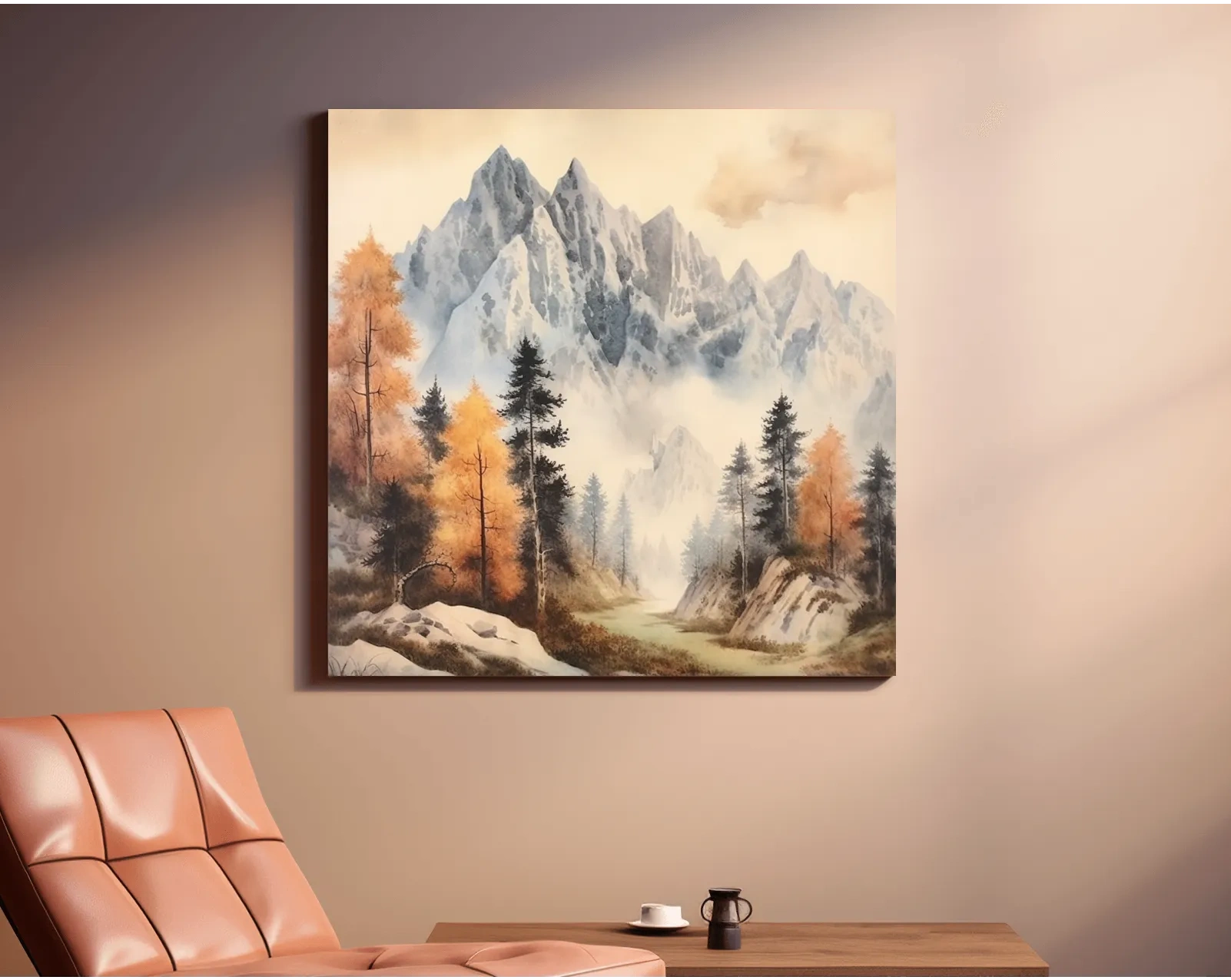 Watercolor Alpine Mountains With Autumn Pines - Serene Wall Art