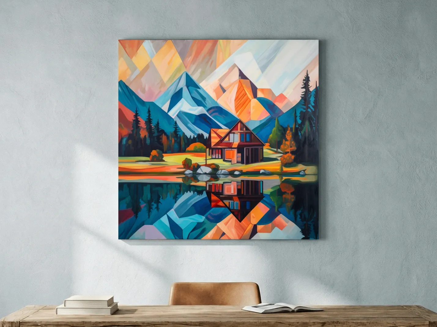 Vibrant Geometric Mountain Cabin Lake Reflection - Abstract Sunrise Wall Art