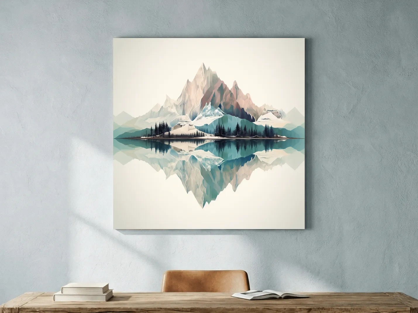 Minimalist Alpine Mountain Lake Reflection - Serene Pastel Watercolour Wall Art