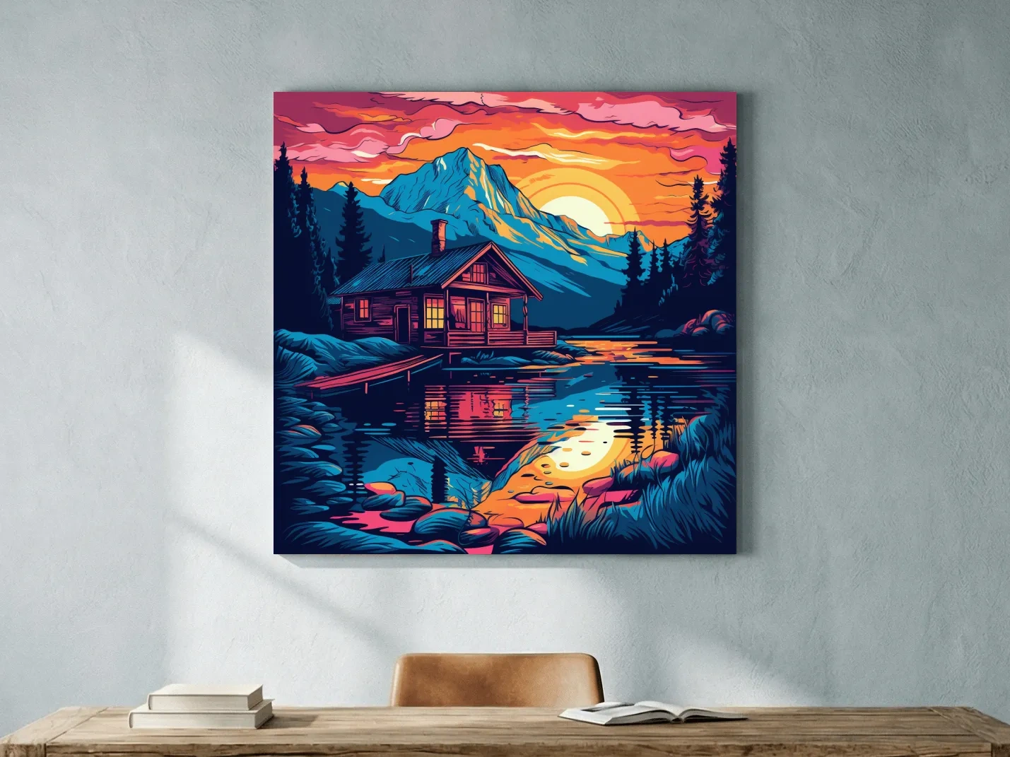 Vibrant Retro Alpine Lake Cabin Sunset - Vector Mountain Wall Art