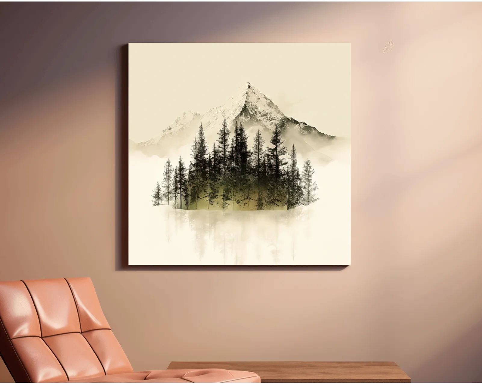 Misty Alpine Mountain Pine Forest Artwork - Minimalist Landscape Wall Art