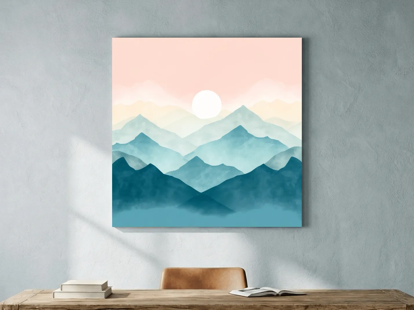 Minimalist Watercolor Misty Mountain Sunrise - Pastel Alpine Landscape Wall Art