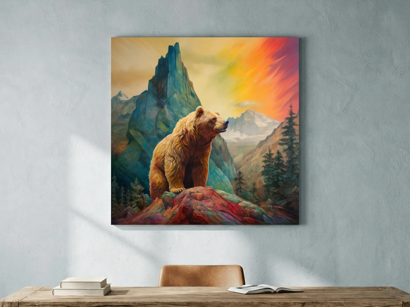Majestic Grizzly Bear Mountain Landscape - Vibrant Painting Style Wildlife Wall Art