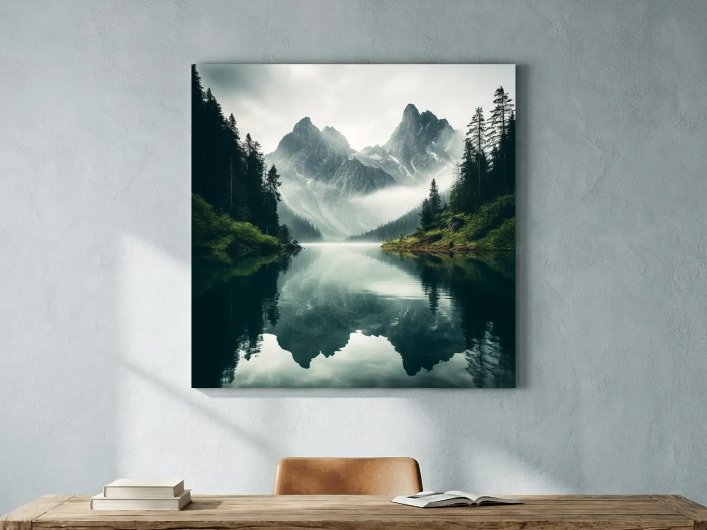 Misty Alpine Mountain Lake Reflection - Moody Pine Forest Photographic Wall Art