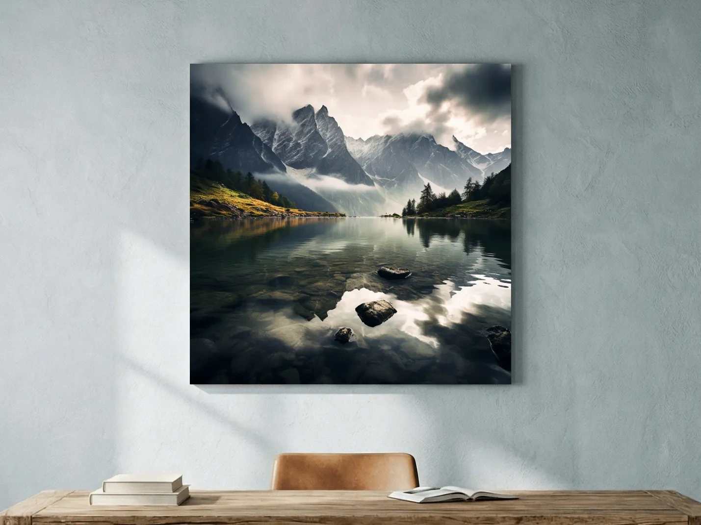 Moody Alpine Lake Reflection Photograph - Dramatic Landscape Wall Art