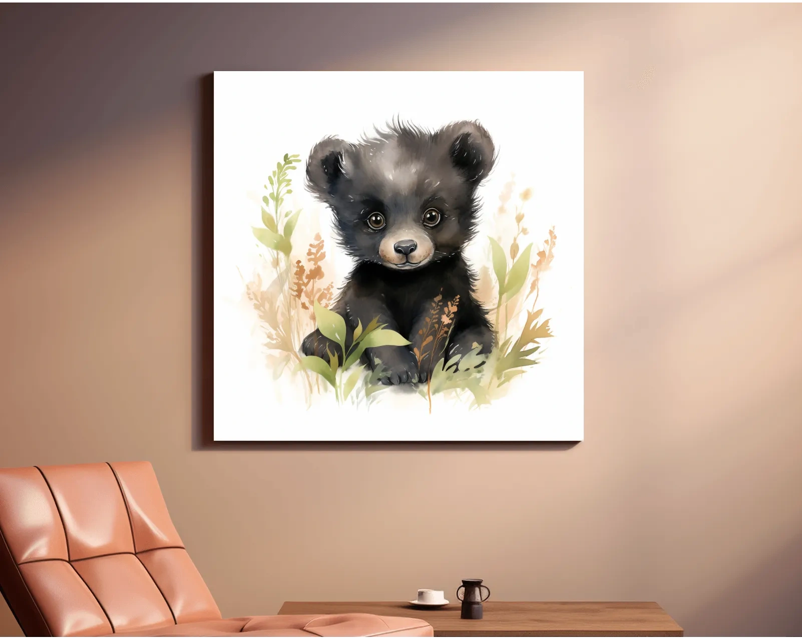Watercolor painting of a cute black bear cub, nursery art painting