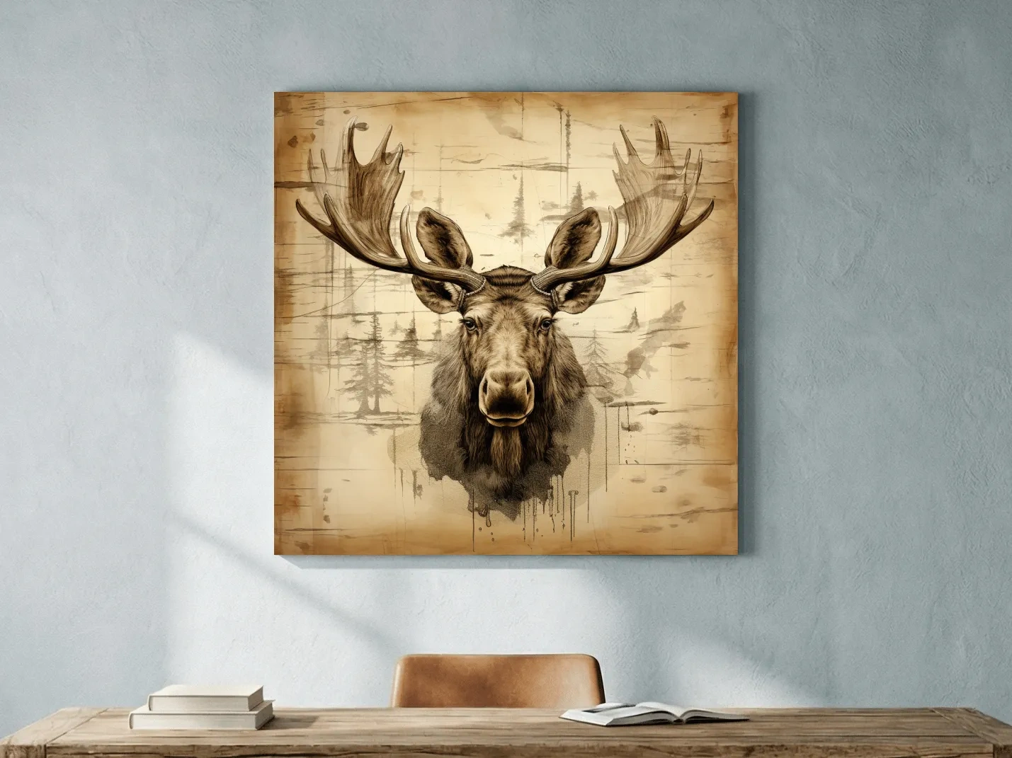 Rustic Sepia Moose Portrait Sketch - Vintage Lodge Wildlife Wall Art