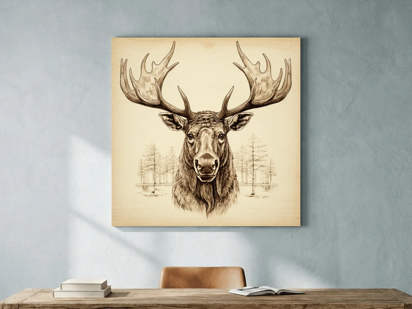 Rustic Sepia Moose Head Sketch - Vintage Woodland Wildlife Wall Art