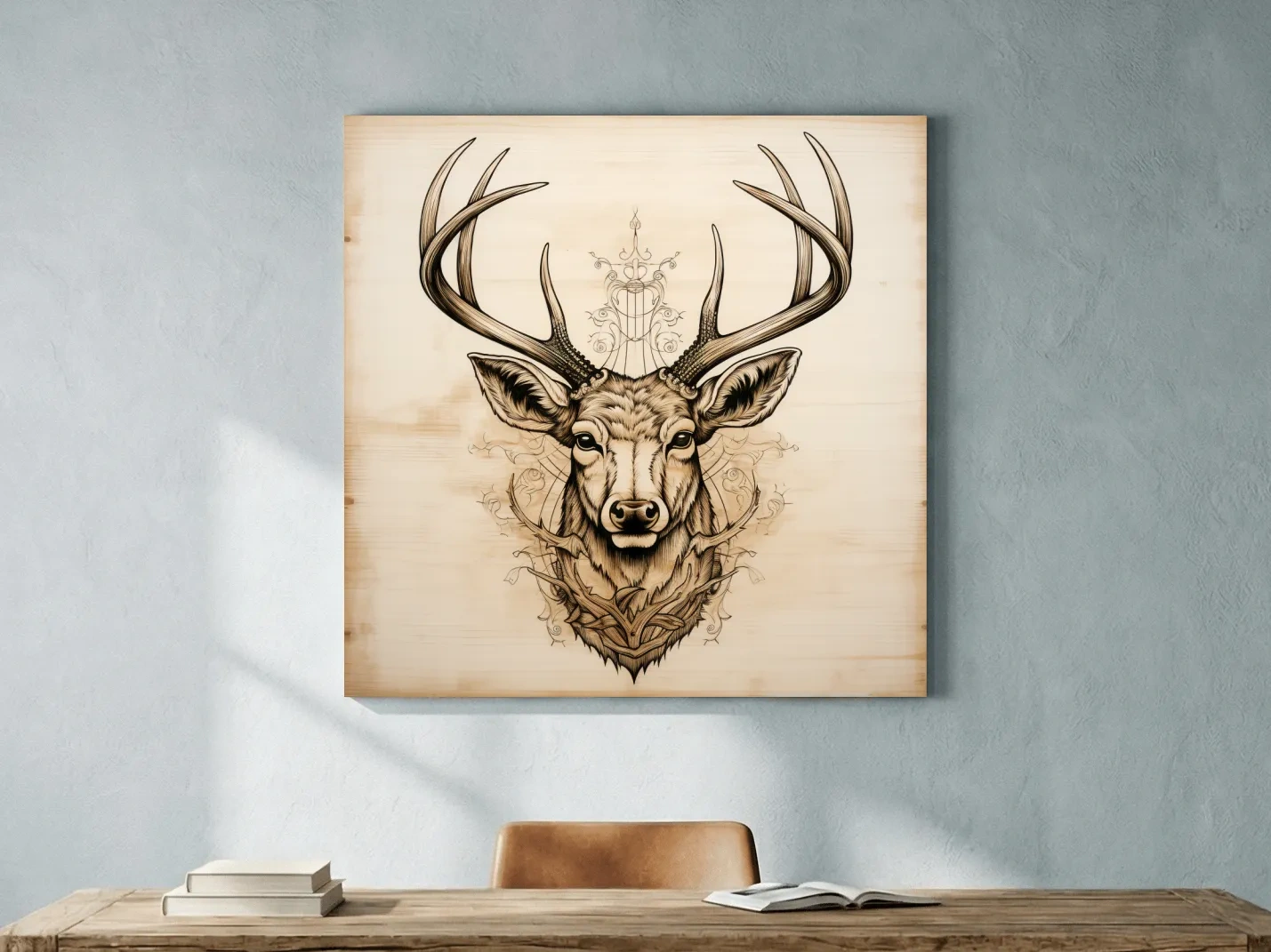 Ornate Deer Head on Wood Sketch Illustration - Rustic Wildlife Wall Art