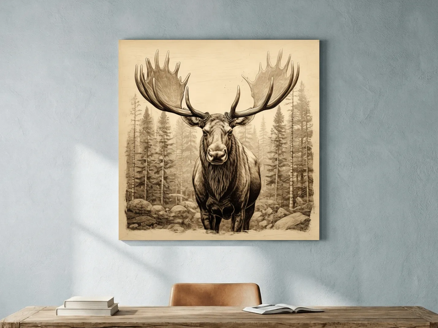 Majestic Moose Portrait Sketch - Vintage Sepia Wildlife Wall Art