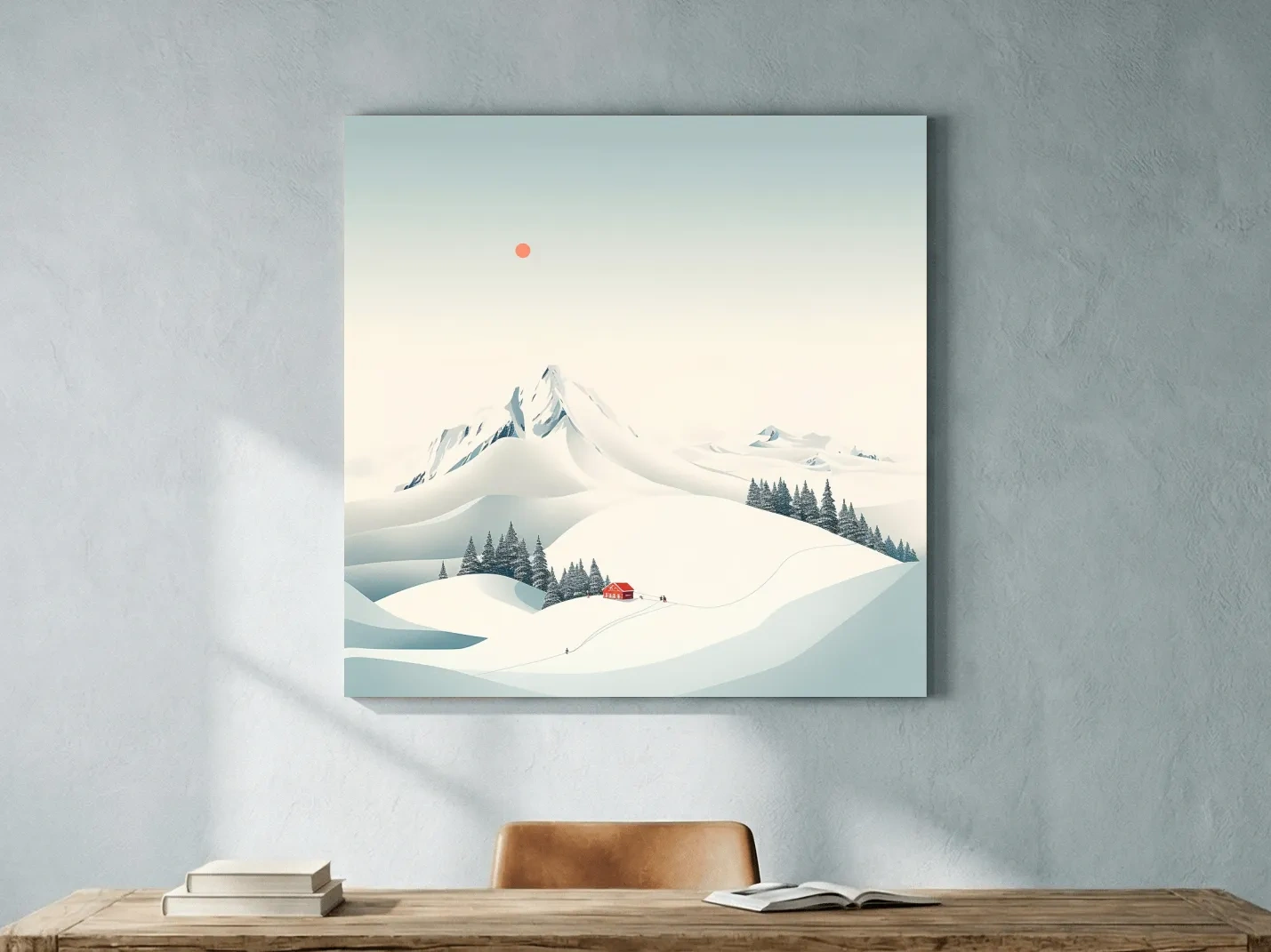 Minimalist Snowy Mountain Cabin Landscape - Winter Wall Art
