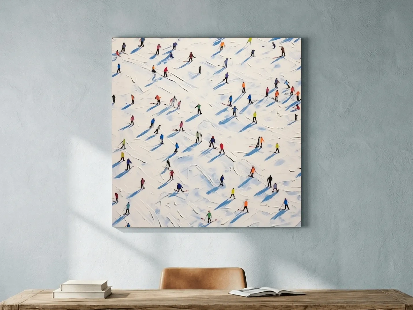 Tiny Skiers On Snowy Slopes - Modern Winter Sports Painting Wall Art