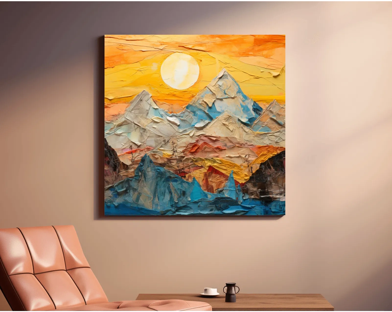 Textured Collage Mountain Sunrise Painting - Warm Abstract Landscape Wall Art