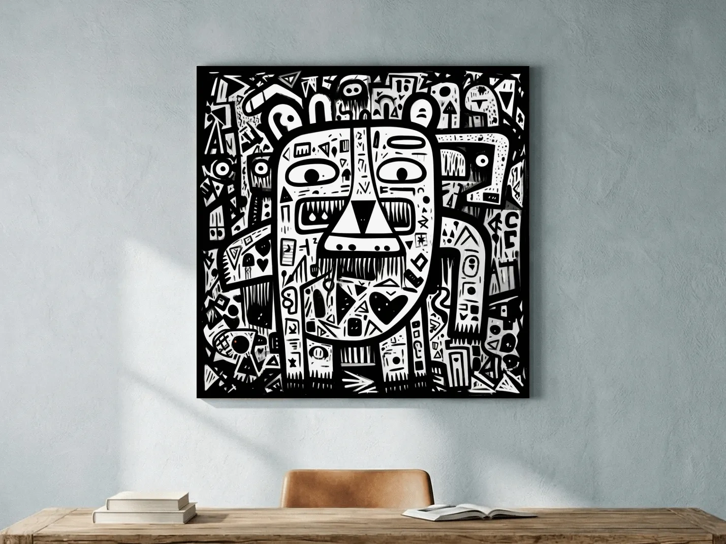 Abstract Black And White Graffiti Bear Doodle Art - Bold Geometric Animal Wall Art