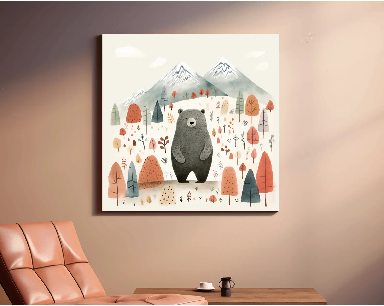 Cute Bear In Autumn Mountains - Scandinavian Nursery Woodland Animal Wall Art