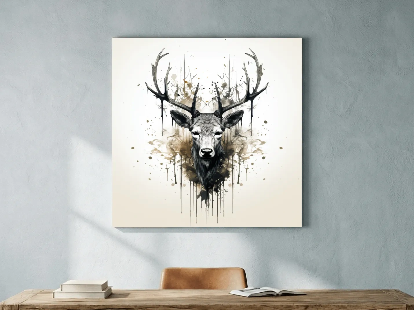 Watercolor Stag Portrait Rorschach Ink Splatter - Rustic Wildlife Artwork