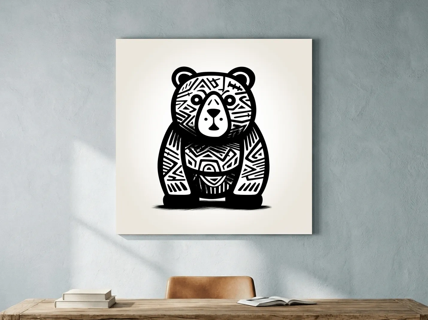Tribal Pattern Bear Illustration - Quirky Black And White Animal Wall Art