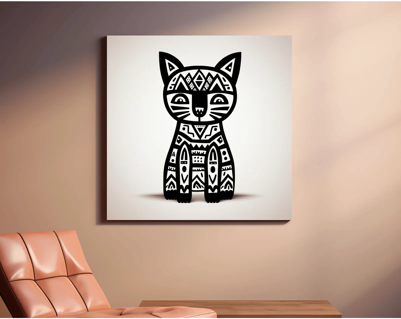 Tribal Geometric Cat Illustration - Black And White Quirky Animal Wall Art