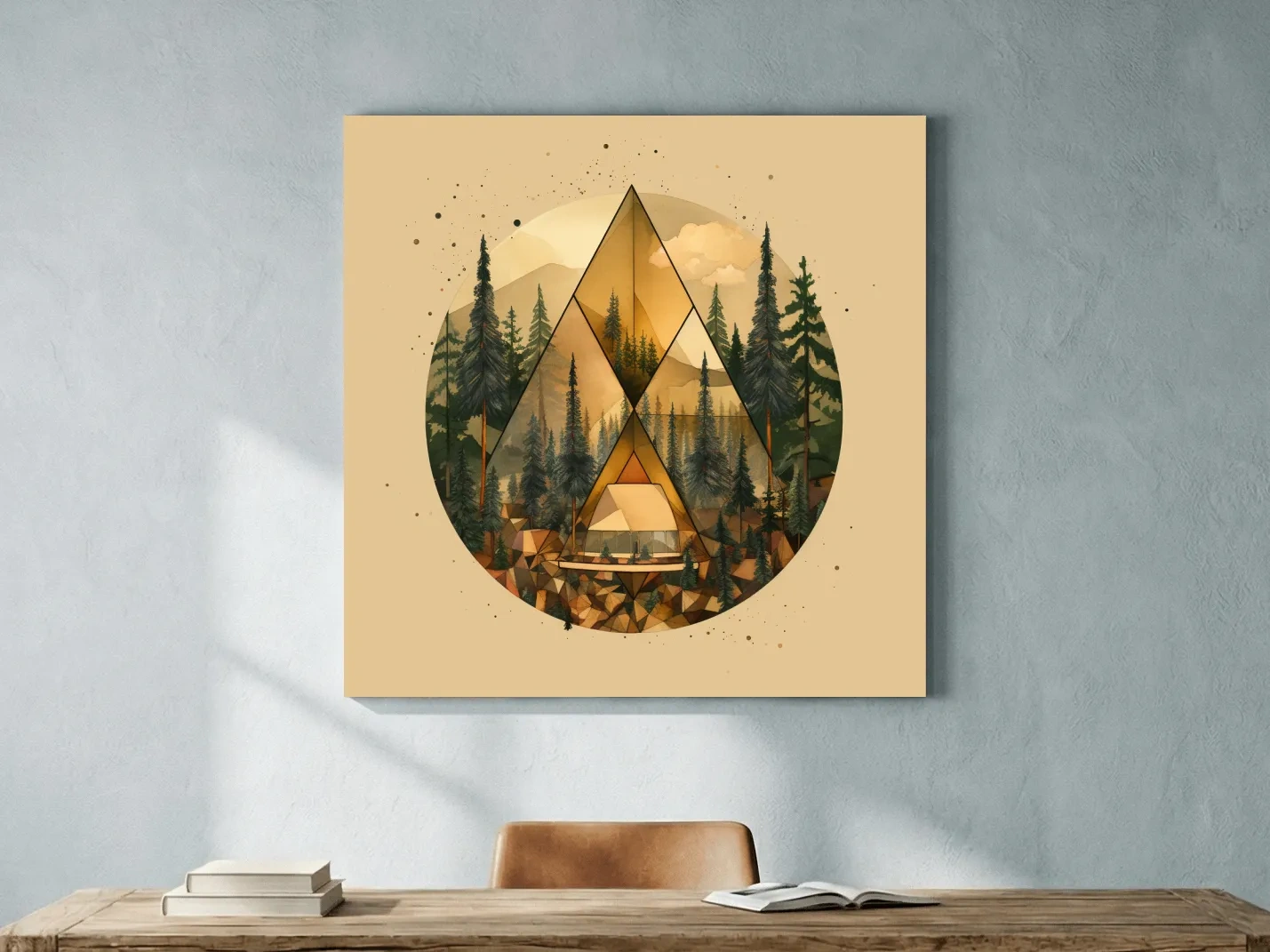 Geometric Mountain Cabin Forest Landscape - Modern Abstract Nature Wall Art
