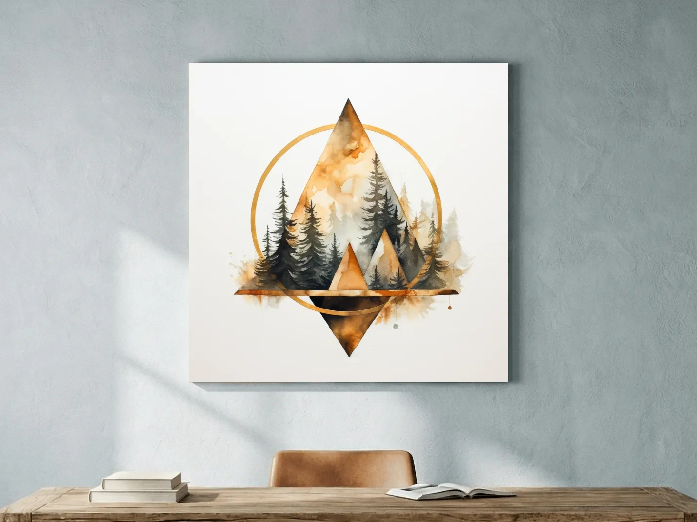 Geometric Watercolor Mountain & Pine Forest - Modern Rustic Nature Wall Art