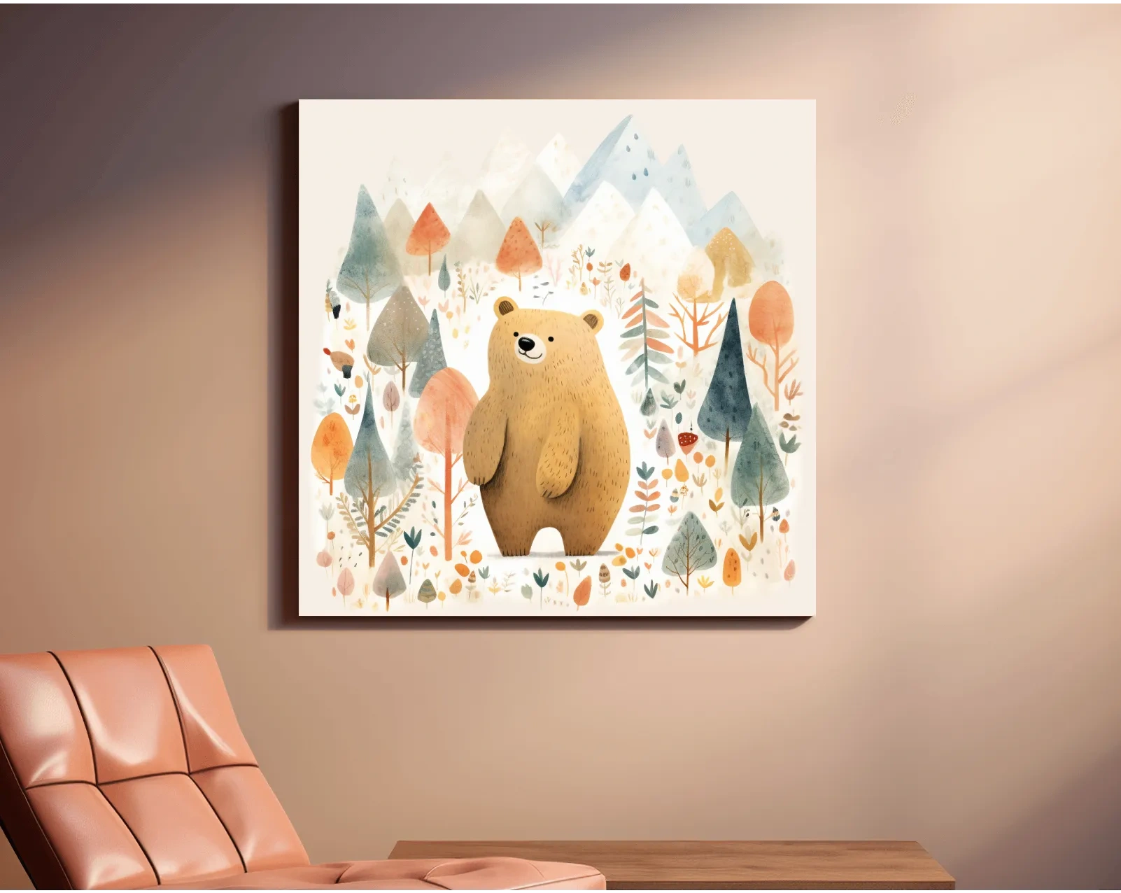 Cute Watercolor Bear In Mountain Forest - Whimsical Nursery Wall Art