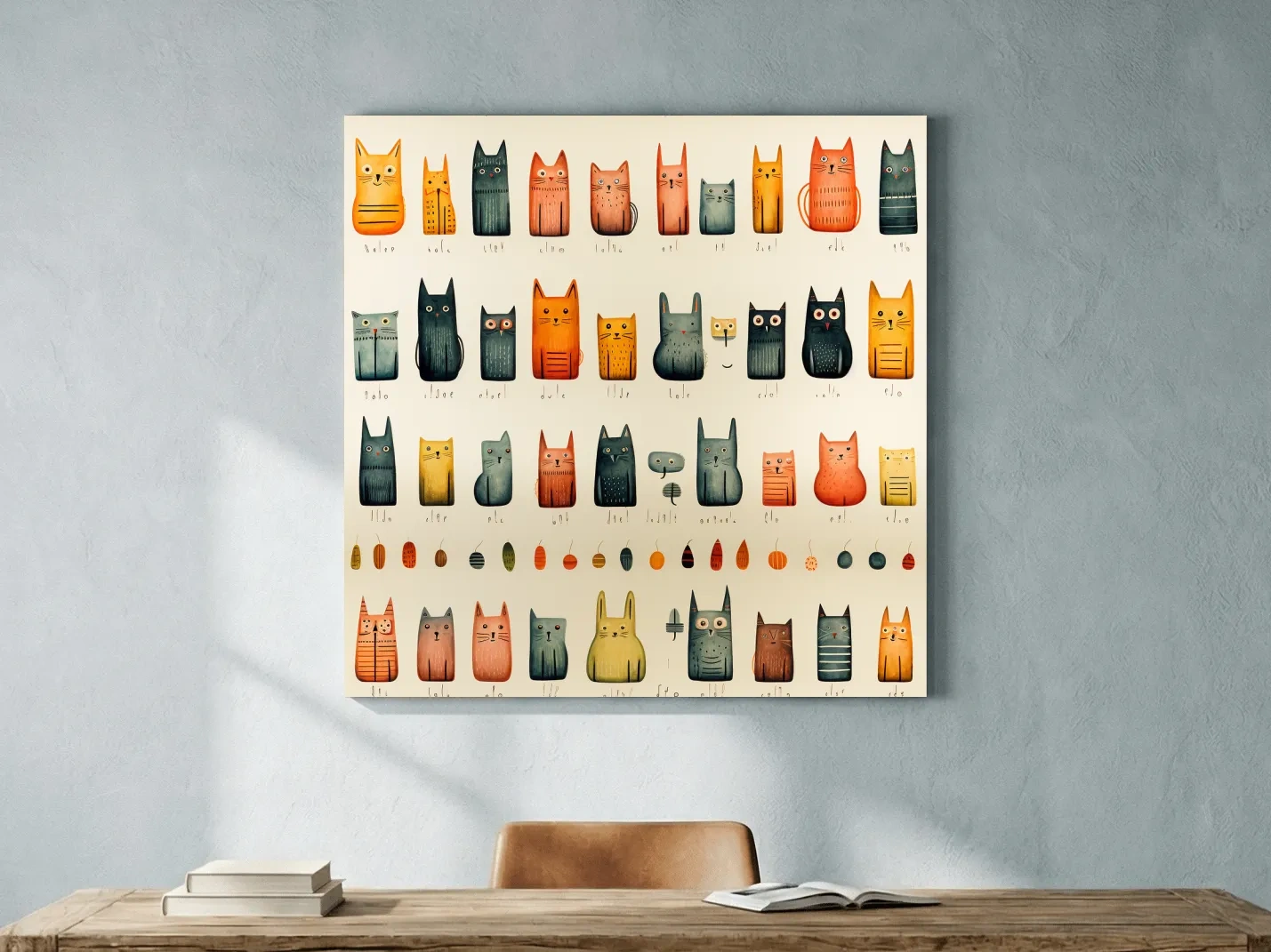 Whimsical Mid Century Cat Pattern Illustration - Colorful Nursery Wall Art