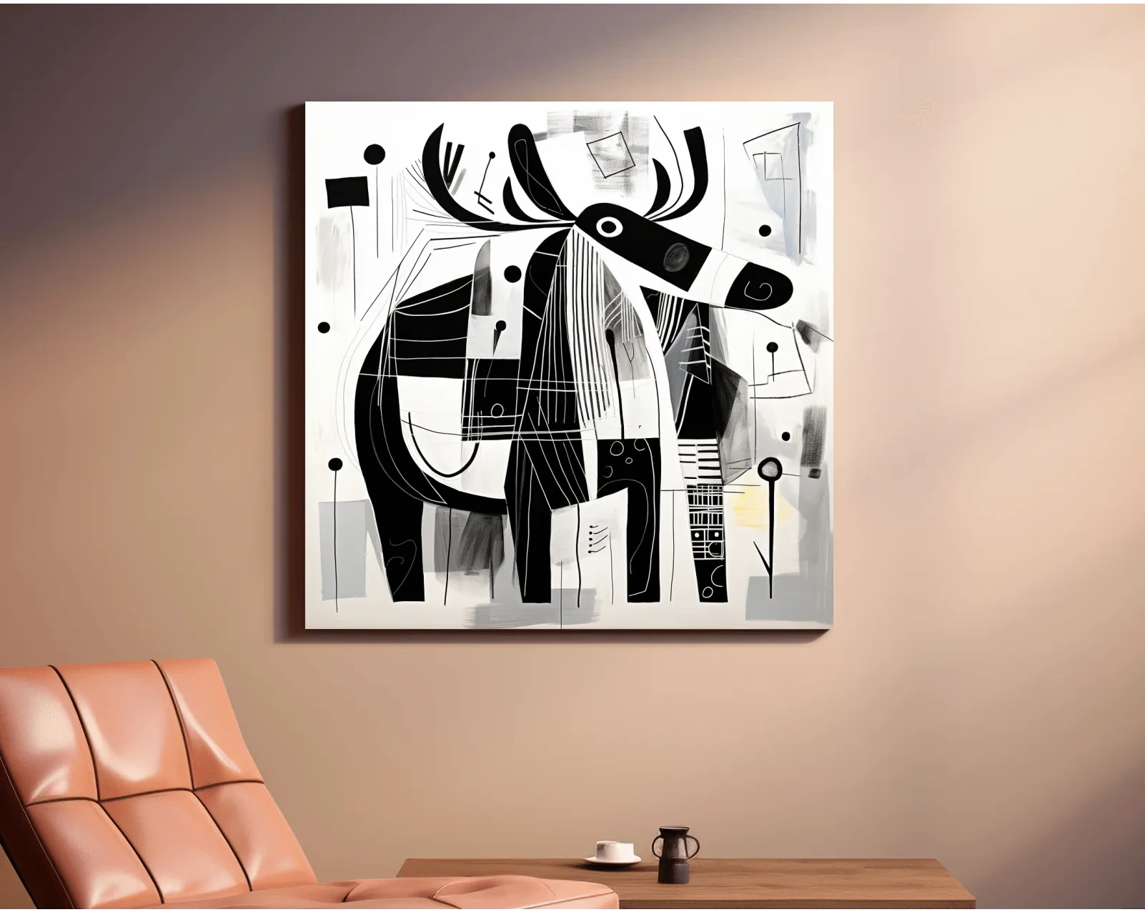 Abstract Monochrome Moose Illustration - Modern Geometric Wildlife Wall Art