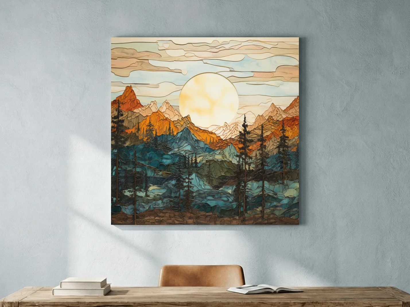 Stained Glass Mountain Sunset Landscape - Colorful Mosaic Forest Wall Art
