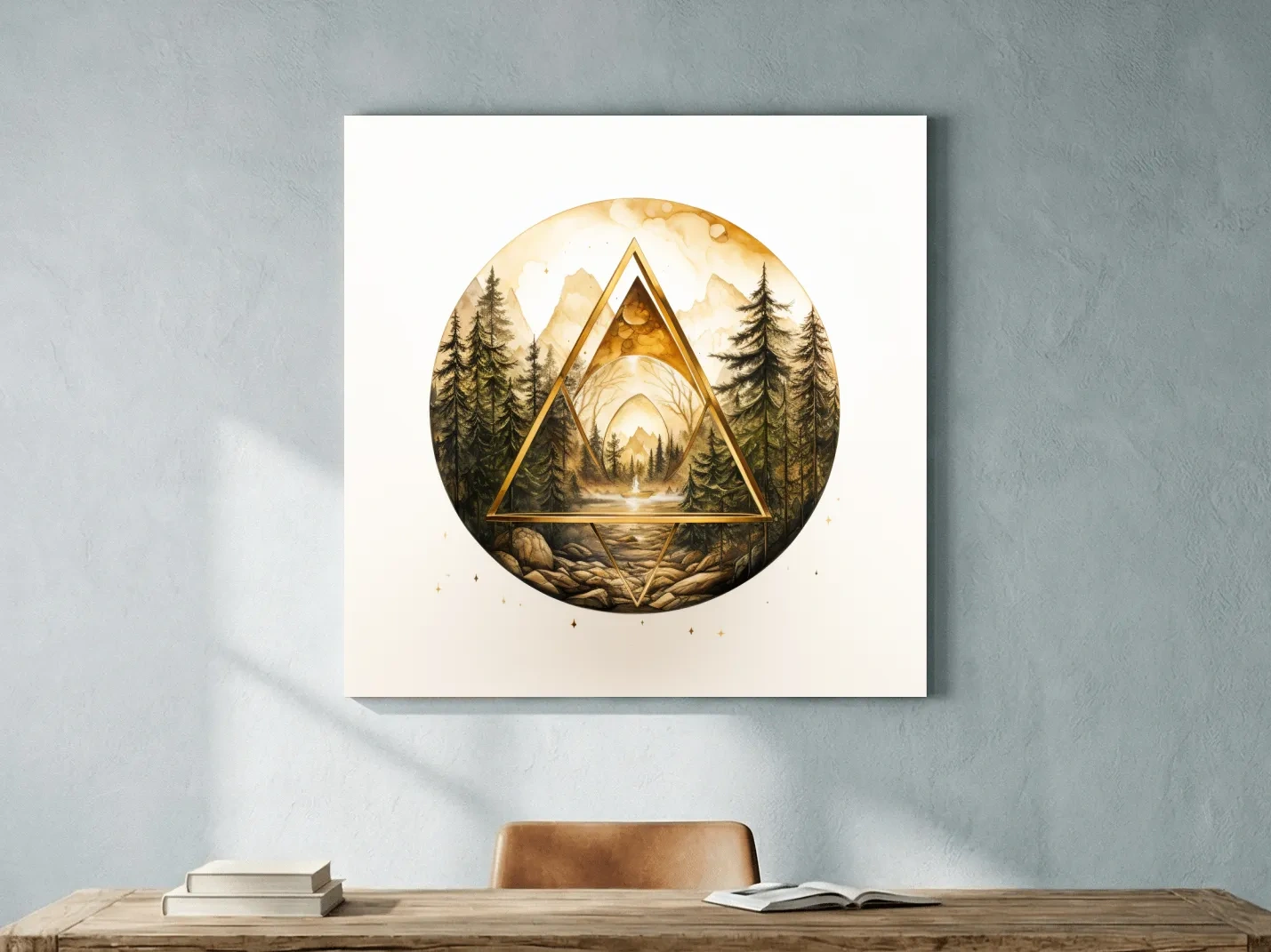 Rustic Mountain Forest Watercolor - Gold Sepia Landscape Wall Art