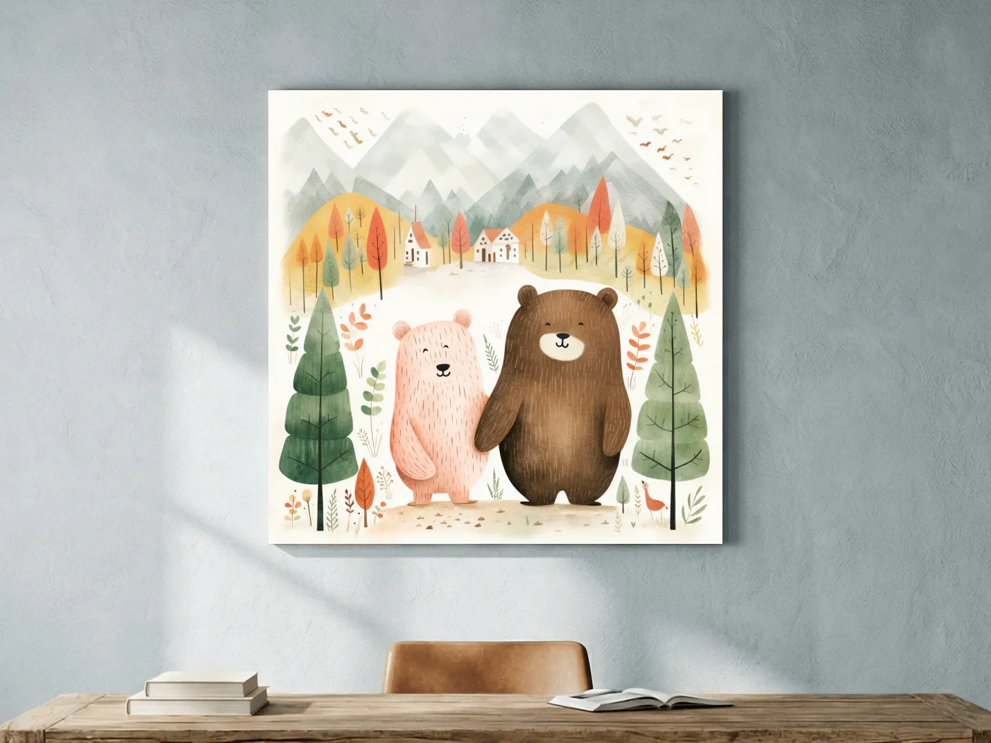 Cute Bear Couple Watercolor Illustration - Whimsical Mountain Forest Nursery Wall Art
