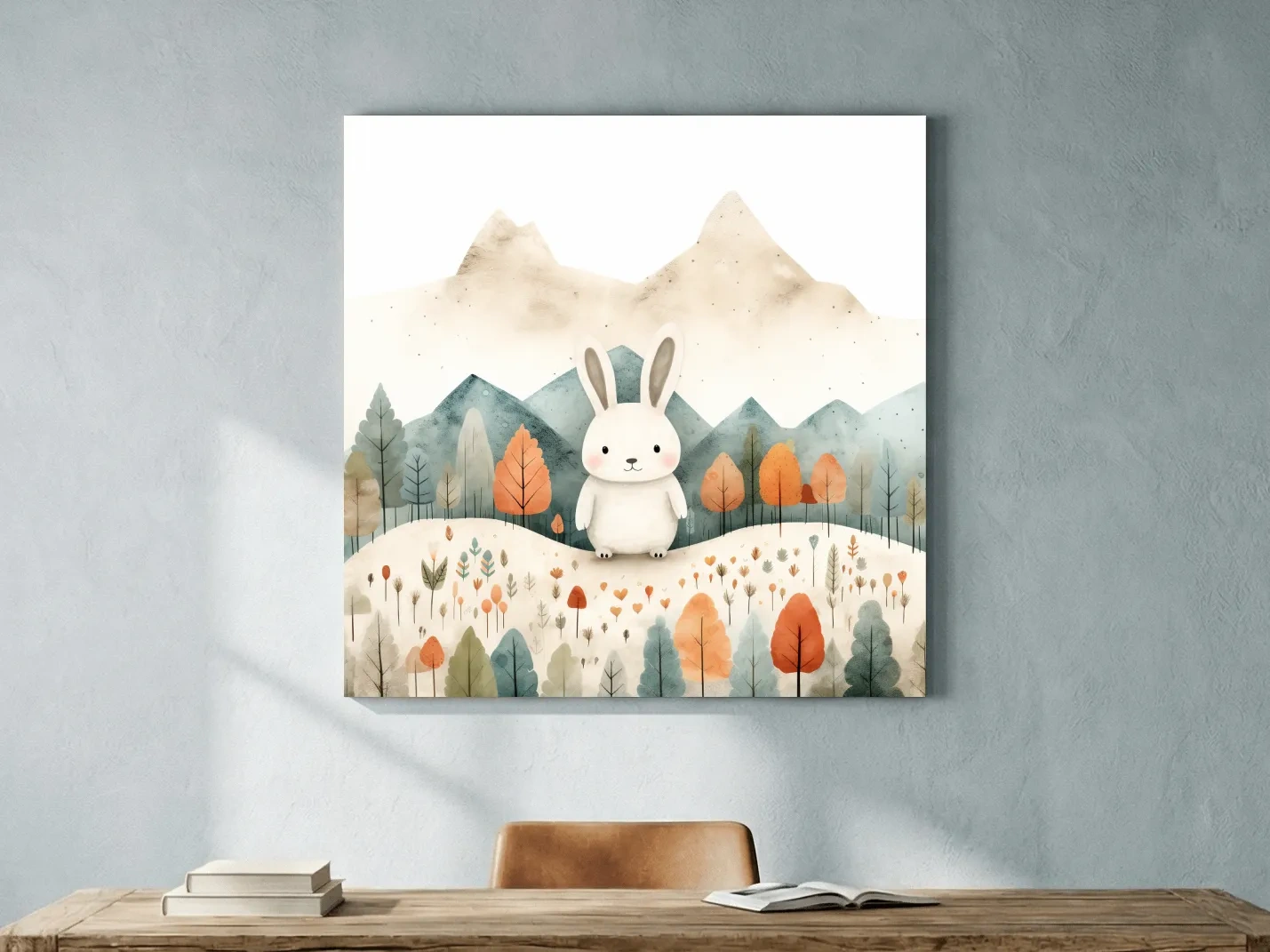 Cute Watercolor Bunny In Mountain Forest - Whimsical Nursery Woodland Wall Art
