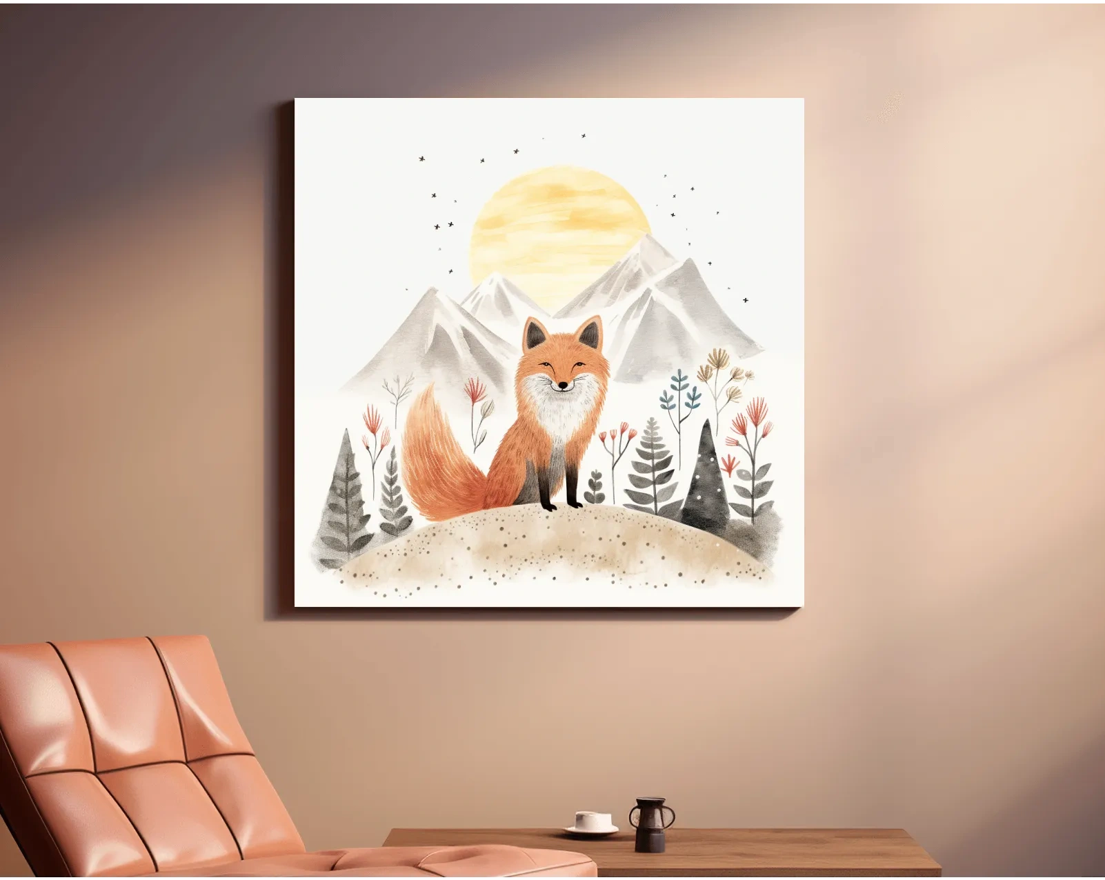 Whimsical Watercolor Fox Mountain Sunrise - Nursery Woodland Animal Wall Art