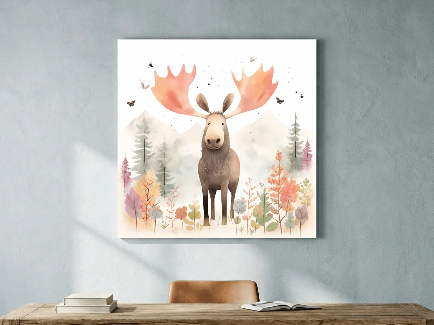 Whimsical Watercolor Moose In Pastel Forest - Storybook Nursery Animal Wall Art