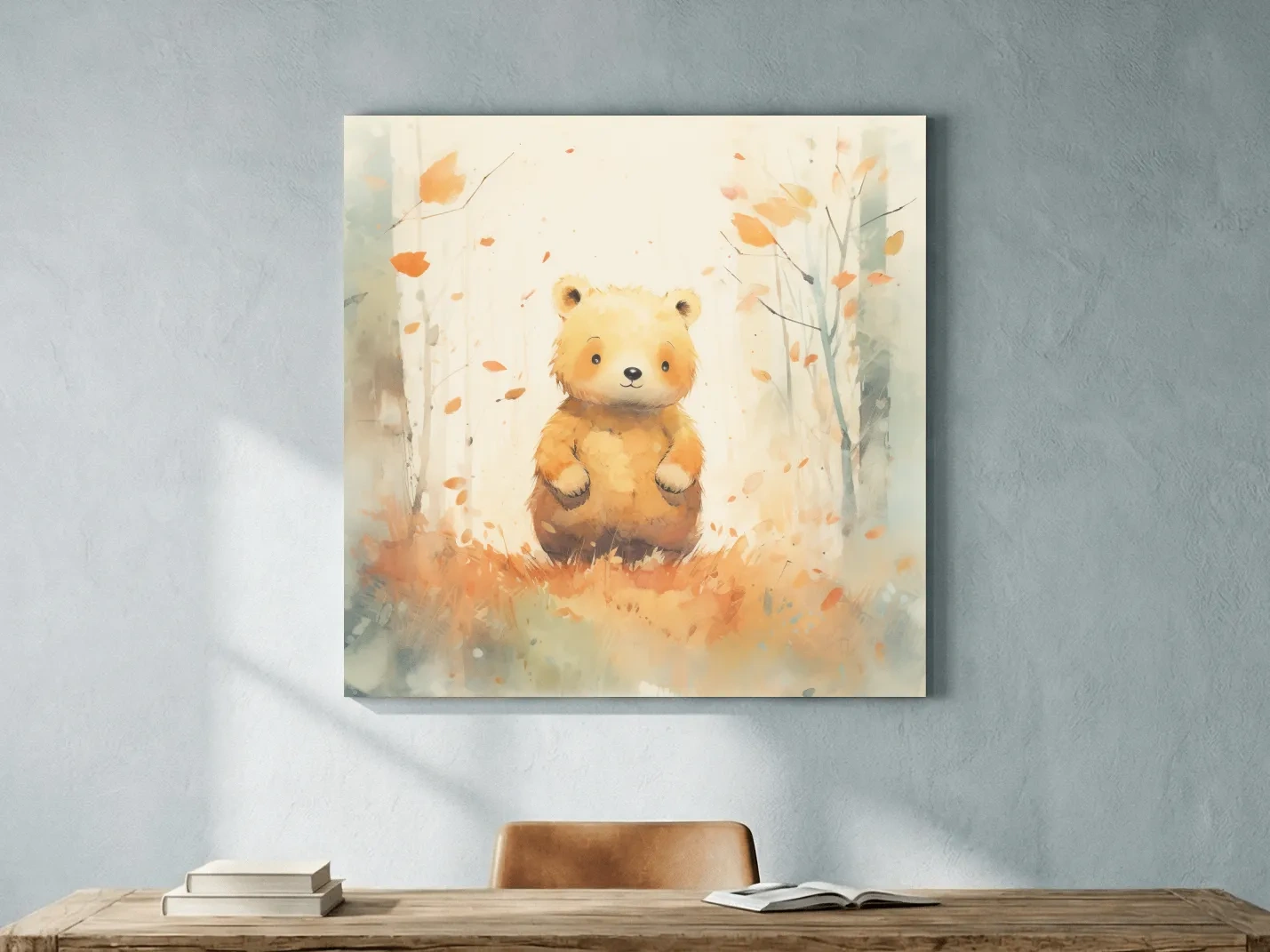 Cute Watercolor Bear Cub In Autumn Forest - Whimsical Nursery Animal Wall Art