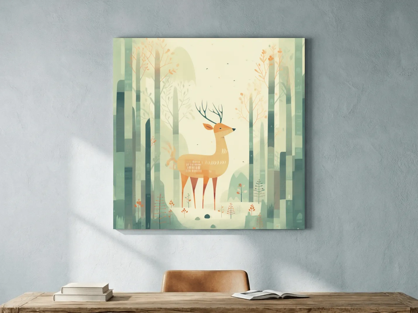 Whimsical Deer In Misty Forest - Minimalist Woodland Nursery Wall Art