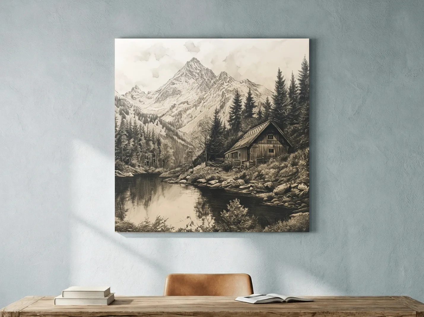 Vintage Sepia Mountain Cabin Lake Scene - Rustic Alpine Forest Landscape Art
