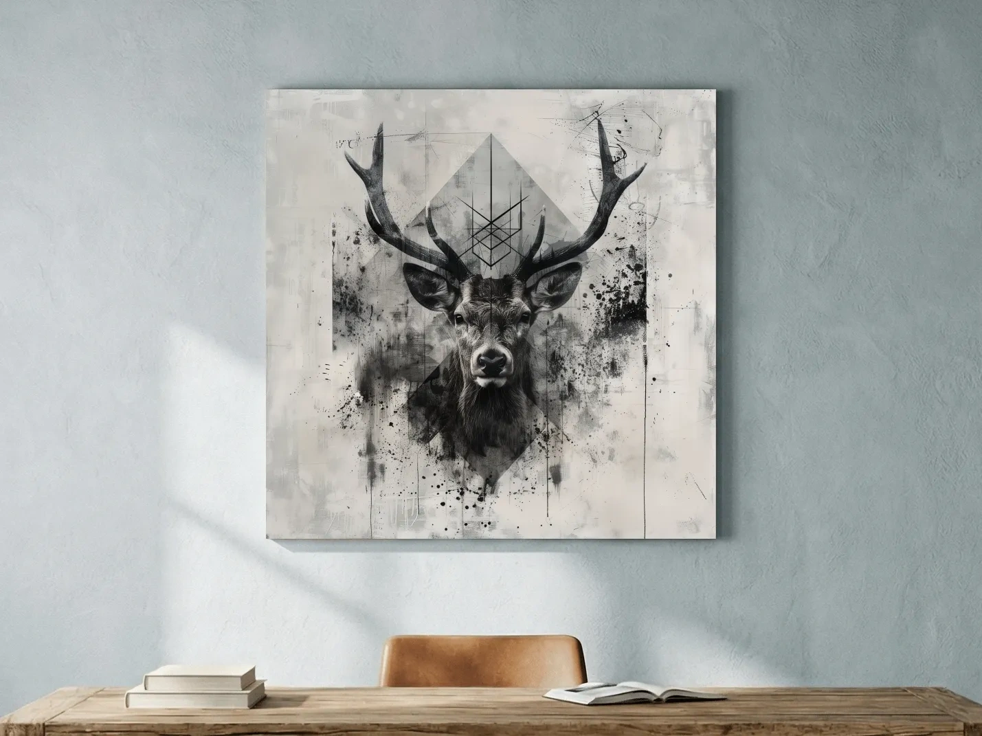Tribal Monochrome Deer Stag Portrait - Tattoo Style Wildlife Wall Art