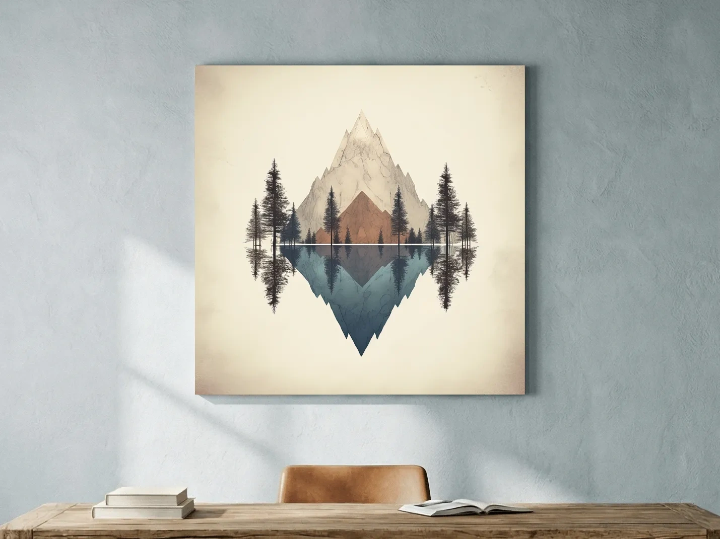 Minimalist Geometric Mountain Lake Reflection - Pine Forest Landscape Wall Art
