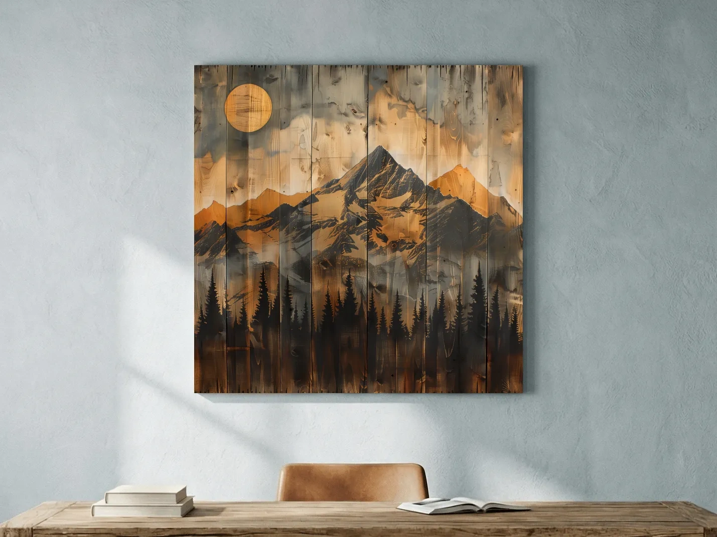 Rustic Woodgrain Mountain Sunset Artwork - Vintage Pine Forest Wall Art