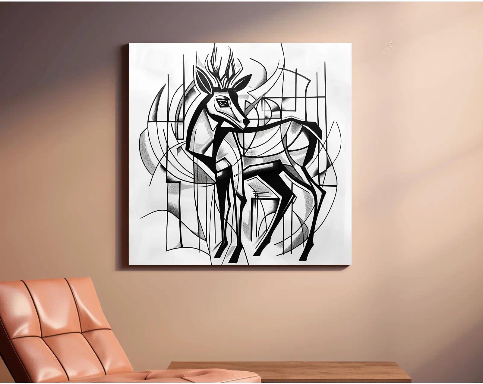 Cubism Abstract Stag Artwork - Modern Black And White Wildlife Wall Art