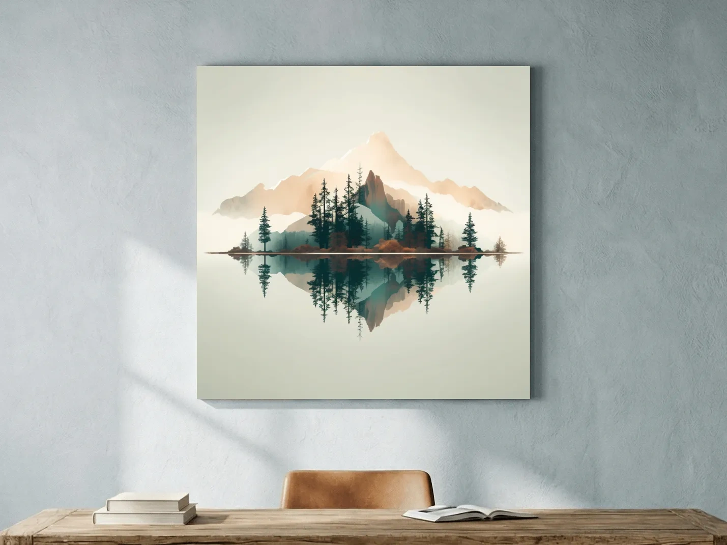 Minimalist Watercolor Mountain Lake Reflection - Serene Pine Forest Landscape Wall Art